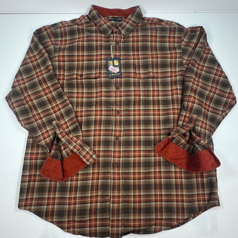 Roundtree & Yorke Outdoors Mens XL Plaid Flannel Shirt Brown Red Corduroy Trim